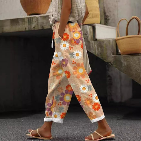 Women's pocket casual printing elastic waist trousers straight-leg trousers m301372