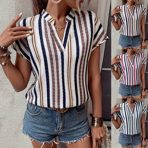 Striped print V-neck bat sleeve shirt T-shirt m302617