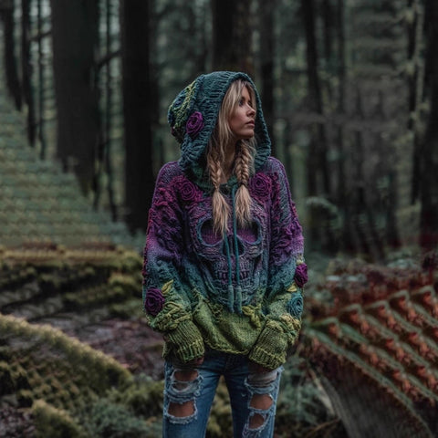 Autumn and winter loose hooded top casual shoulder retro women's printed sweater m302036