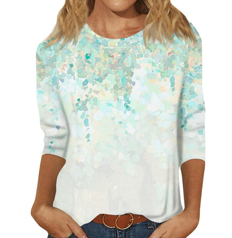 Slim and thin imitation cotton round neck printing solid color seven-quarter sleeve long sleeve m302884