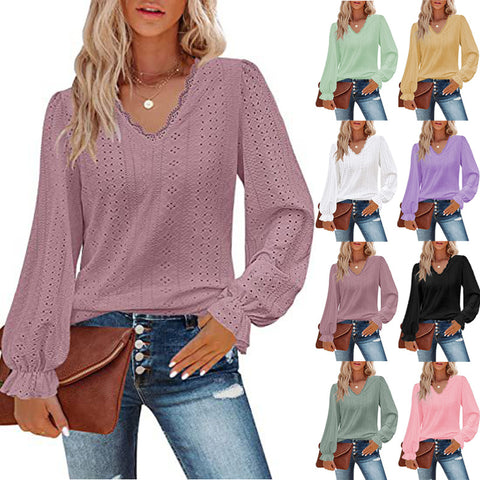 V-neck hollow casual pleated sleeve top shirt autumn m300647