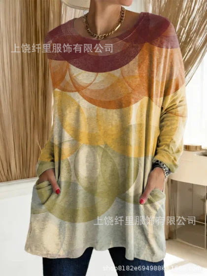 3D printed women's new medium and long pocket round neck pullover fashion T-shirt m303192