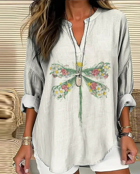 Loose 3D Printed V-Neck Shirt Long Sleeve T-Shirt m301360