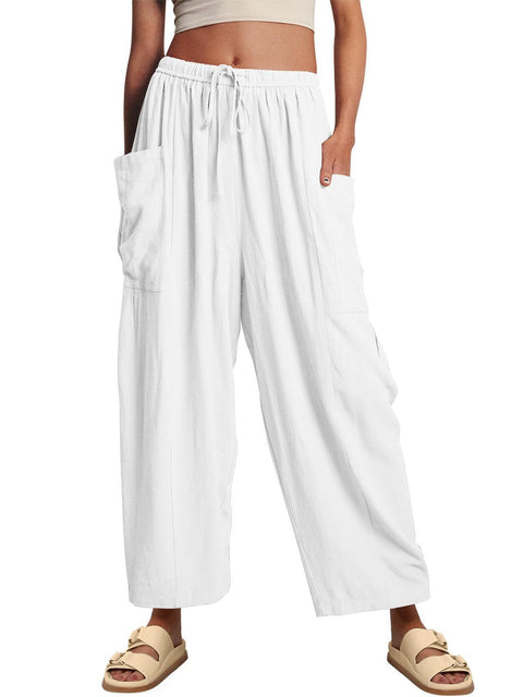 Elastic waist pleated middle waist straight pants loose casual cotton and linen nine-point pants m301883