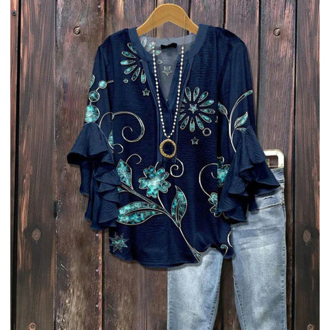 Floral element printing digital printing casual trend V-neck lotus edge T-shirt women's upper m302746