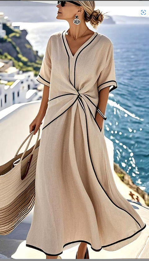 V-neck women's fashion elegance commuter ladies printed striped dress print ladies print ladies m302355
