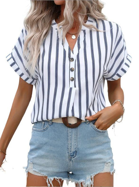 Women's casual style striped breasted V-neck loose short-sleeved shirt women's shirt m302408