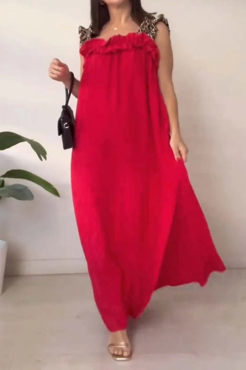 Popular vacation women's casual suspender splicing leopard print pocket cotton and linen dress m302050