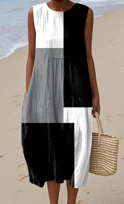 Summer sleeveless pocket casual print temperament long dress dress m302454
