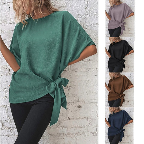 Solid color bat wing sleeve hem knotted loose top m301016