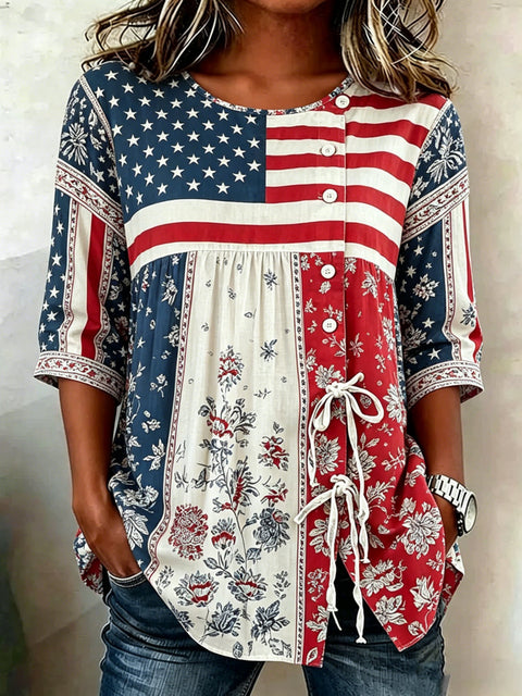 Color matching loose blouse five-button drawstring m302924