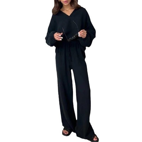 Elegant women's casual loose suit women's long-sleeved top + drawstring trousers suit autumn lapel two-piece set m301184