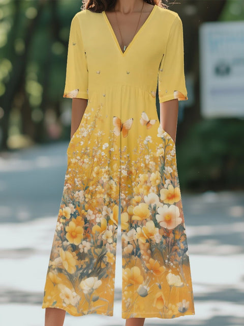 Short sleeve dress 3D digital printing retro floral strip temperament onesie dress m302663