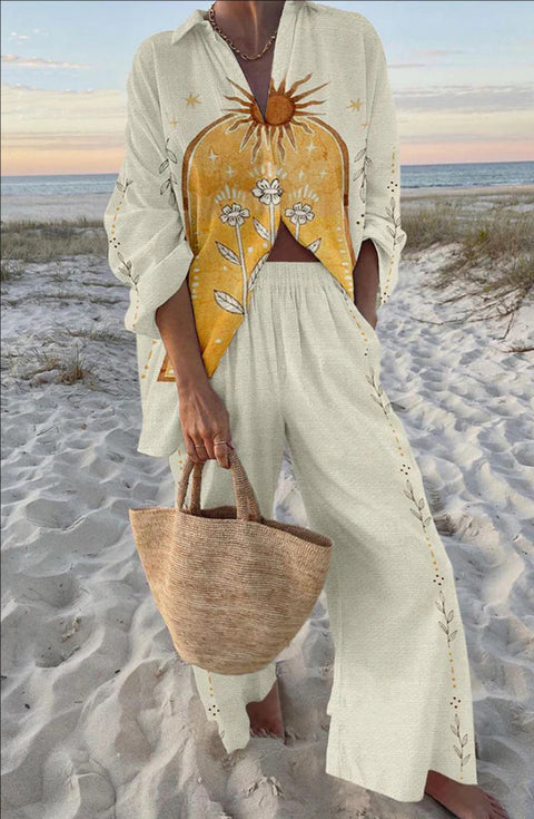 Linglong hemp fish shading casual suit loose sports wide-leg pants marine element casual shirt m303169