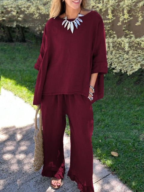 Cotton and linen suit women's solid color loose casual trousers two-piece set m303019
