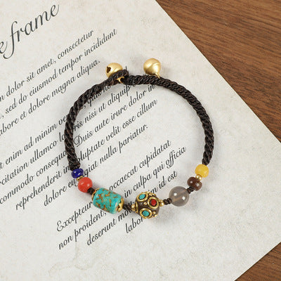 Retro Nepalese Ancient Law Copper Bead Bracelet Women's Tibetan Ethnic Style Personalized Simple Weaving Blue Bracelet M5010668