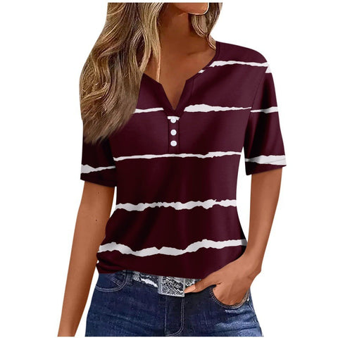 V-neck three-button 3D printed short-sleeved women's top m300617