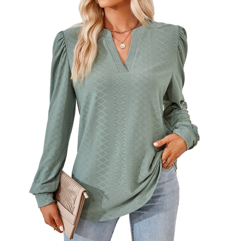 Solid color V-neck jacquard long-sleeved loose T-shirt top m300402