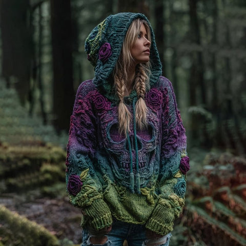 Autumn and winter loose hooded top casual shoulder retro women's printed sweater m302036