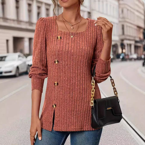 Autumn and winter new square collar pit strip abraded button loose long sleeve casual T-shirt top women's m301753