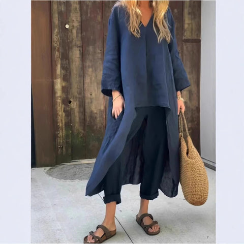 Women's summer pocket V-neck 2-piece set solid color loose women's clothing m301501