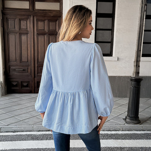 Temperament elegant striped long-sleeved strap T-shirt shirt m301397