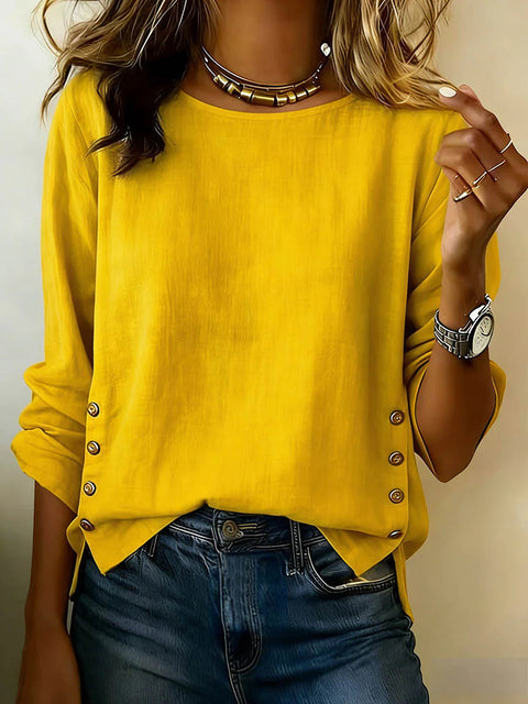 Women's T-shirt solid color round neck casual loose cotton and linen top m302837