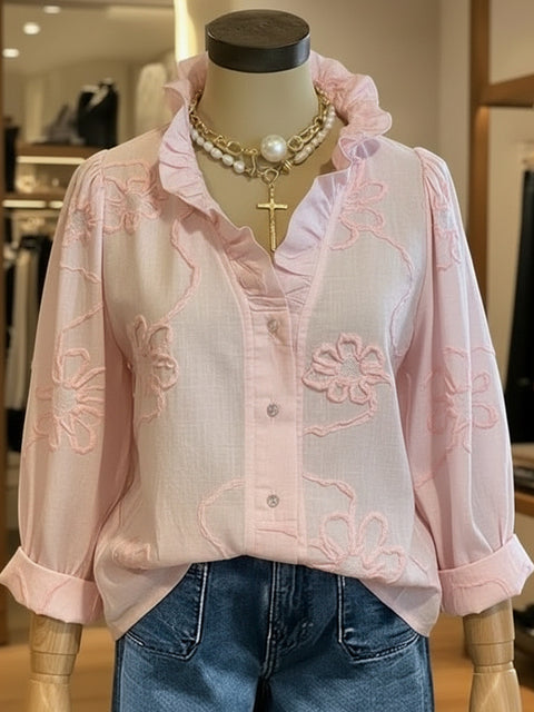 Spring and summer lace print cotton and linen sweet shirt m302681