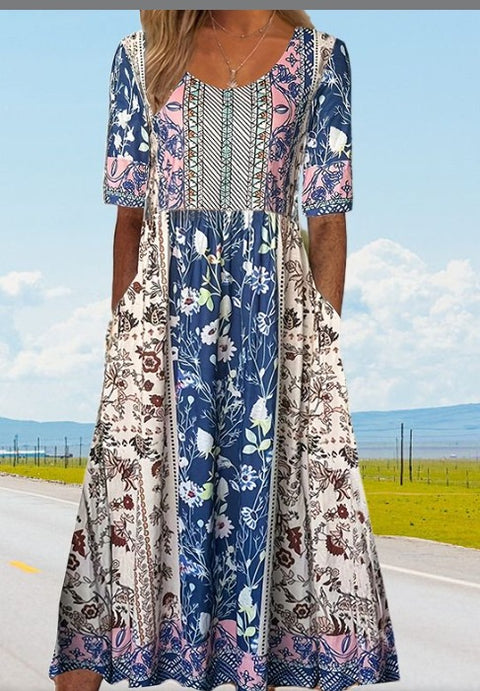 Up and down splicing pocket size printing large wide dress m302623-1