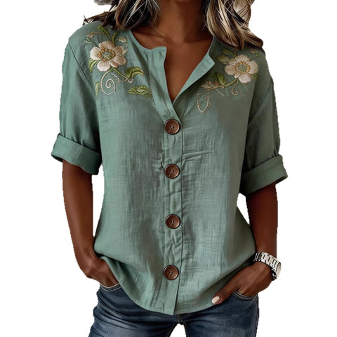 V-Neck Shirt Medium Sleeve Flower Print Button Casual Ladies Shirt m302697