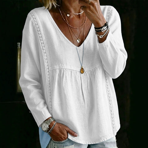 Lace V-neck pullover solid color women's casual long-sleeved top shirt m302992