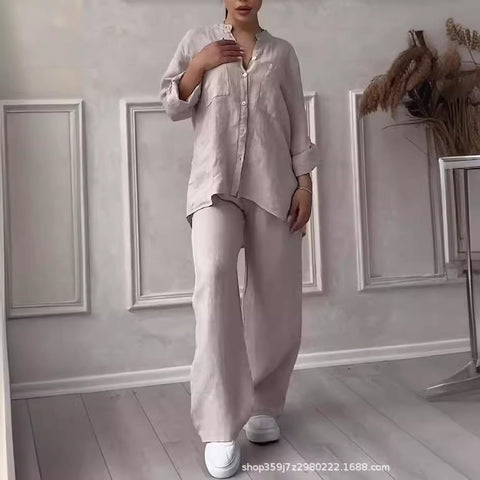 Casual cotton and linen solid color shirt drawstring wide-leg pants set m302317