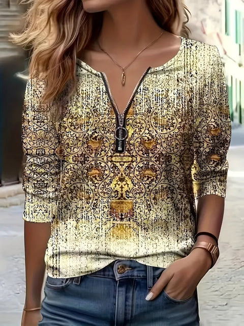 Women's Autumn Loose Design Ethnic Crew Neck Printed Zipper Long Sleeve POLO Shirt m301774