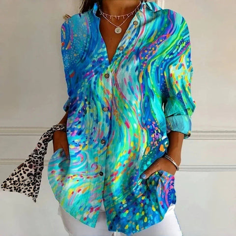 Women's long-sleeved printed top lapel shirt m301227