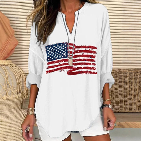 Loose 3D Printed V-Neck Shirt Long Sleeve T-Shirt m301360