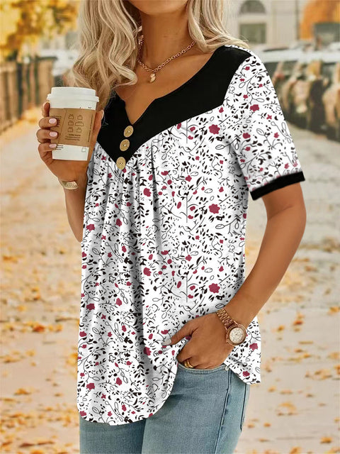 Small floral splicing button casual short-sleeved top m300662