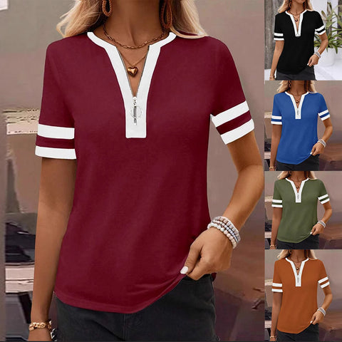 Solid color spliced zipper top fashion casual T-shirt women's m301770
