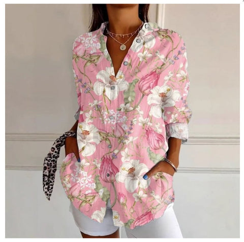 3D digital printing abstract pattern women's long-sleeved buckle linen shirt m302749-01