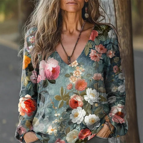 Casual V-neck long-sleeved pullover loose digital printing women's top T-shirt m301741