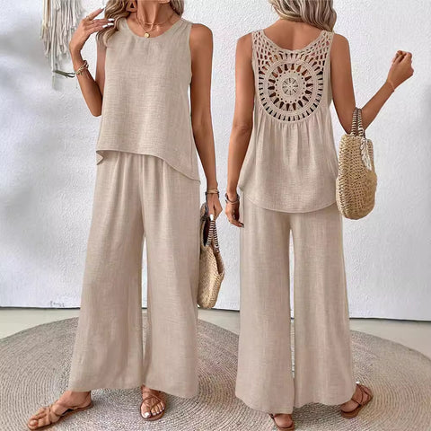 Spring and summer solid color hollow lace two-piece fashion casual vest wide-leg pants trousers m301367