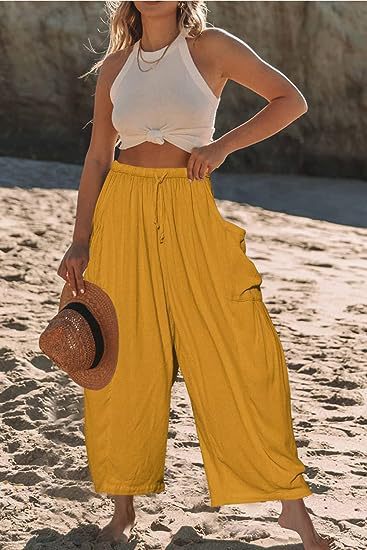 Elastic waist pleated middle waist straight pants loose casual cotton and linen nine-point pants m301883