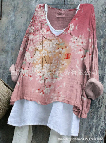 Long-sleeved printed casual pullover loose round neck single-piece T-shirt m301042