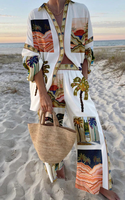 Linglong hemp fish shading casual suit loose sports wide-leg pants marine element casual shirt m303169