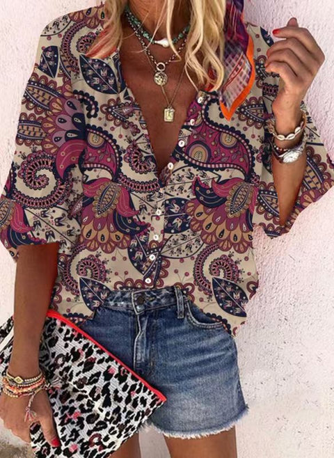 Fashion summer European and American women's clothing stand-up collar loose button retro printed casual shirt m301723