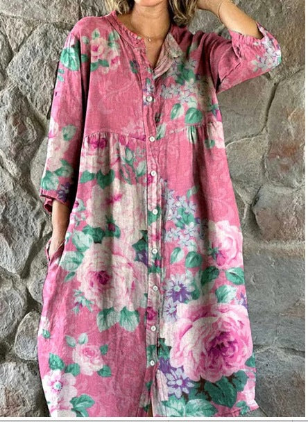 Women's Loose Crew Neck Fashion Premium Long Sleeve Printed Shirt Dress m301050