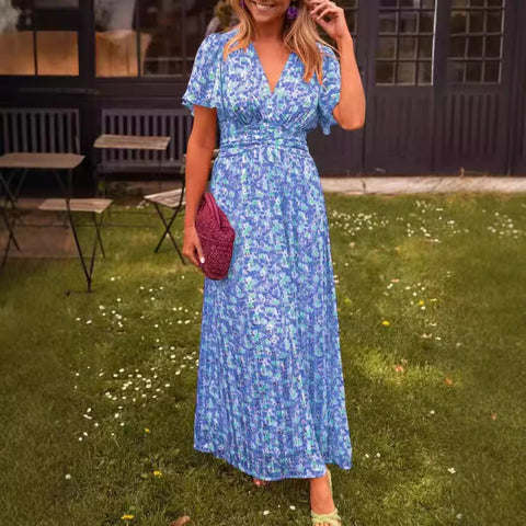 Temperament printed waist V-neck dress m301307