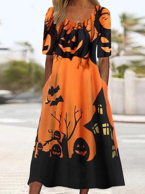 New mid-waist women's casual crew neck 3D printed dress m302528