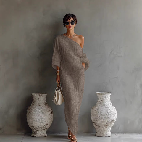 Spring and Summer New Fashion High-end Women's Long Sleeve Off-the-Shoulder Long Skirt Mid-Waist Pullover Dress M302506