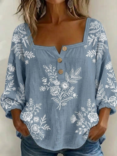 Floral print 3-button elegant wide neck top m302847