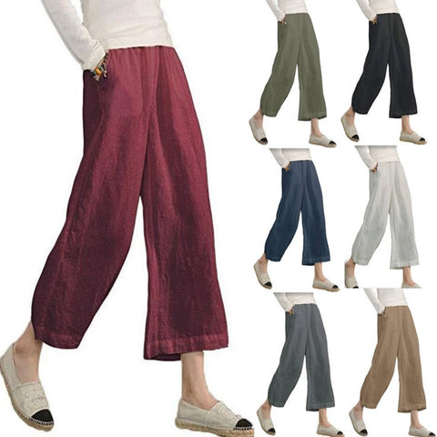 Solid color cotton and linen loose casual wide-leg nine-point pants women's m301570